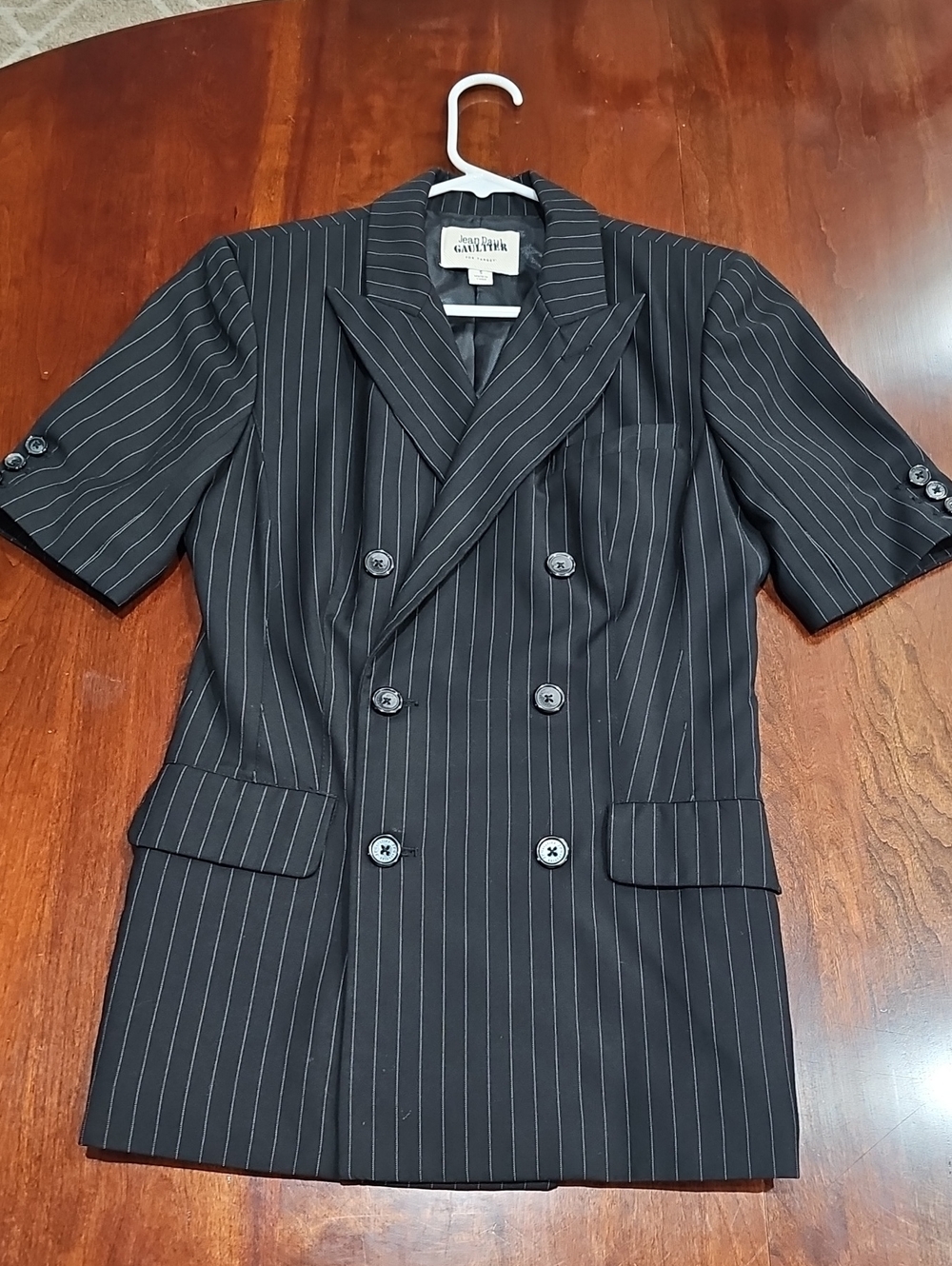 Jean Paul Gaultier Black Pinstripe Double-Breasted Short Sleeve Blazer